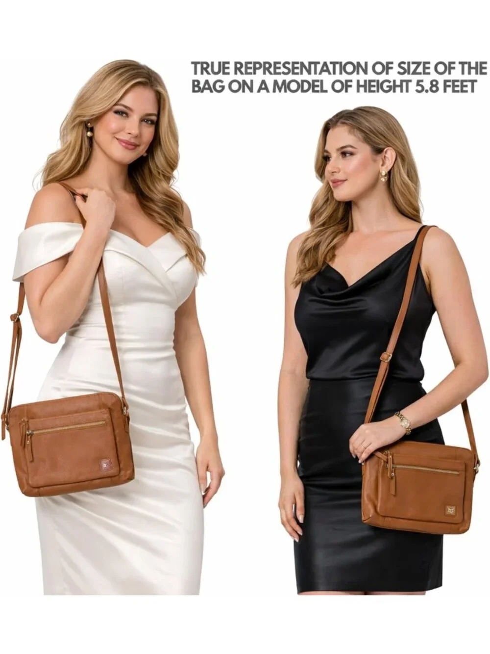 Women's Cognac Genuine Leather Sling Purse with Adjustable Strap Crossbody bags